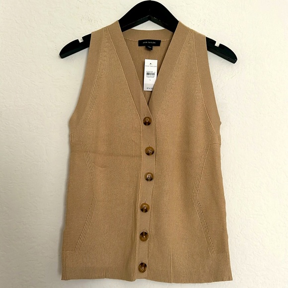 Ann Taylor - Button Front V-Neck Sweater Tank Shell in Camel Tan - Picture 2 of 4